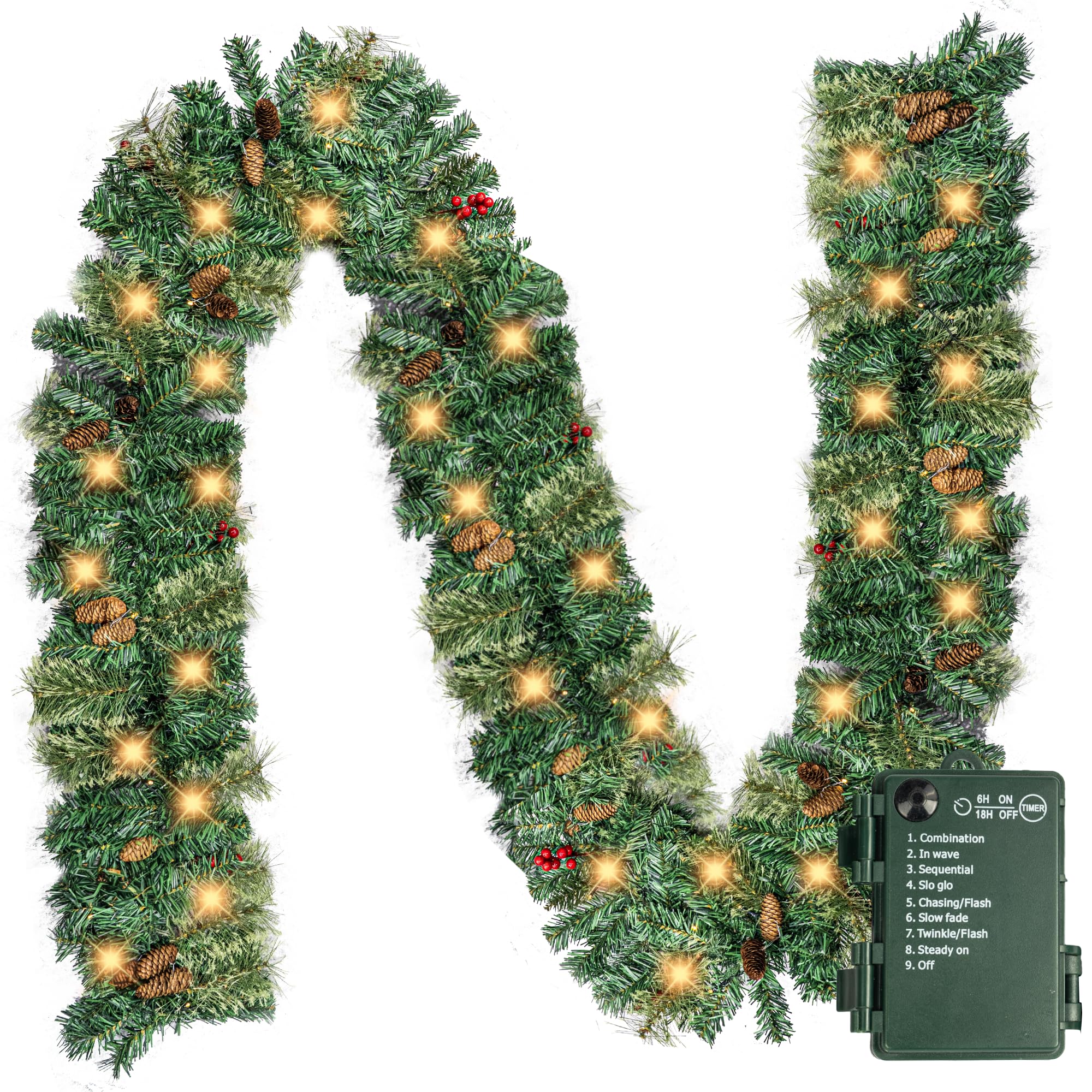 9 FT Christmas Artificial Garland , 50 LED Christmas Pinecone Wreath Flocked with Mixed Decorations